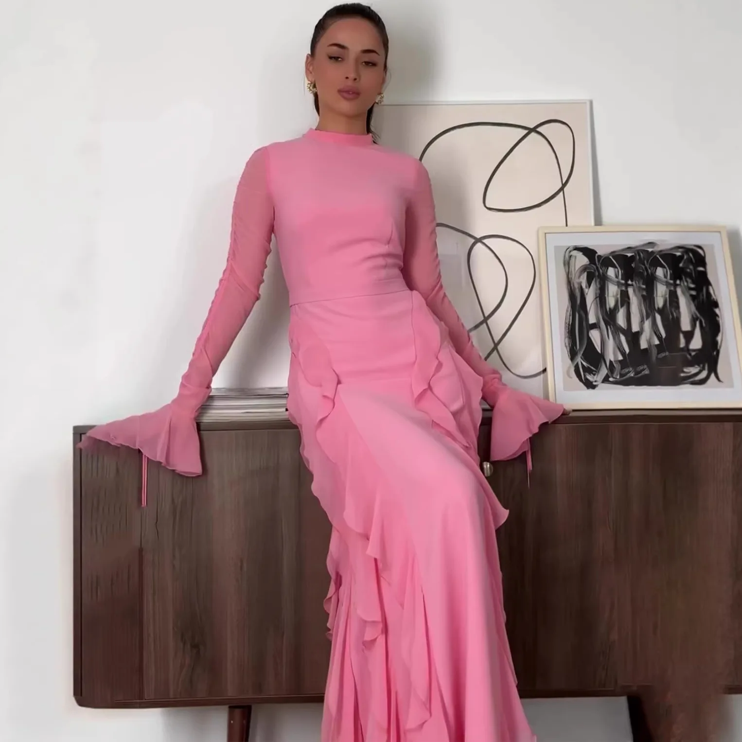 Ruffle High Neck Floral Dress, Elegant Long Sleeve Dresses for Women Spring Summer, Vintage Evening Dress