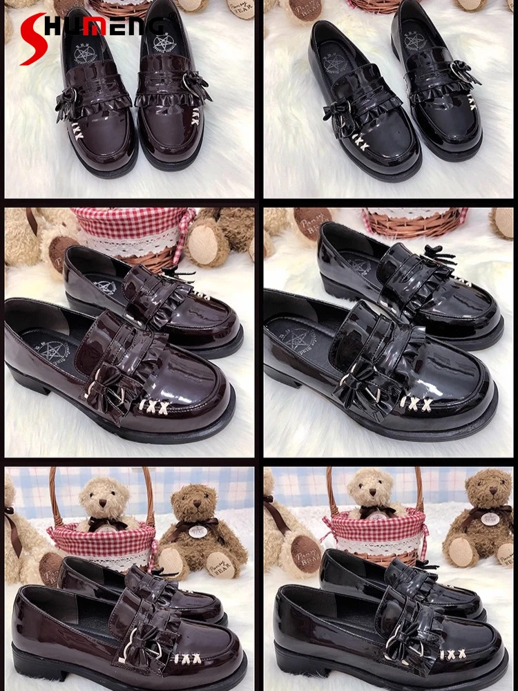 

Original Japanese Preppy Style JK Uniform Low Heel Shoes Round Toe Bowknot Bright PU Sweet Versatile Loafers Women Lolita Shoes