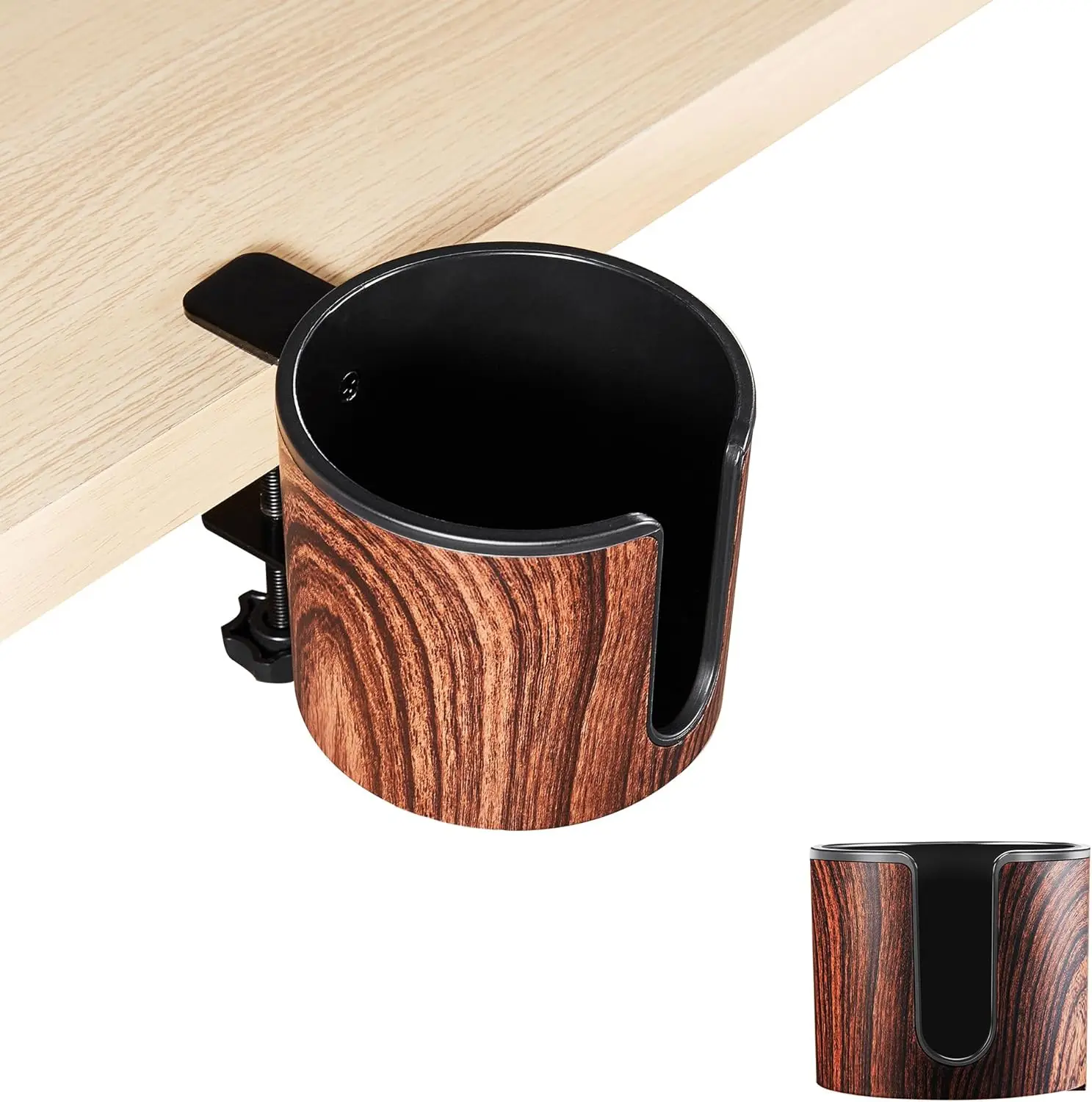 

Tool-Free Clamp On Desk Cup Holder, Fits 40oz Tumbler, Anti-Spill for Office Home Gaming (2PCS Walnut)