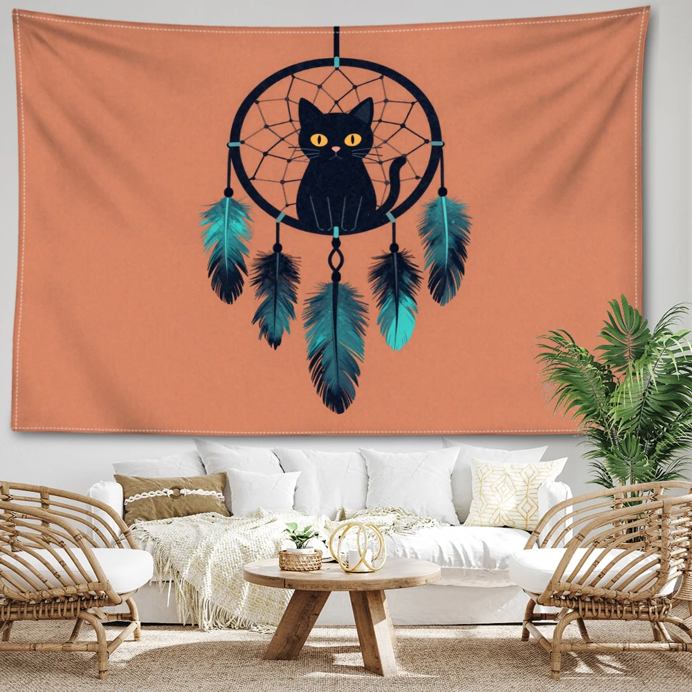 Orange Black Cat Feather Dreamcatcher Printed Tapestry Wall Hanging Bohemian Style Bedroom Home Decor