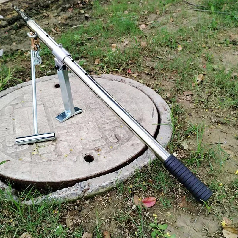 Stainless Steel Manhole Cover Lifting Pry Hook Labor-Saving Manhole Lid Puller Tool with Support Bracket Non-Slip Handle