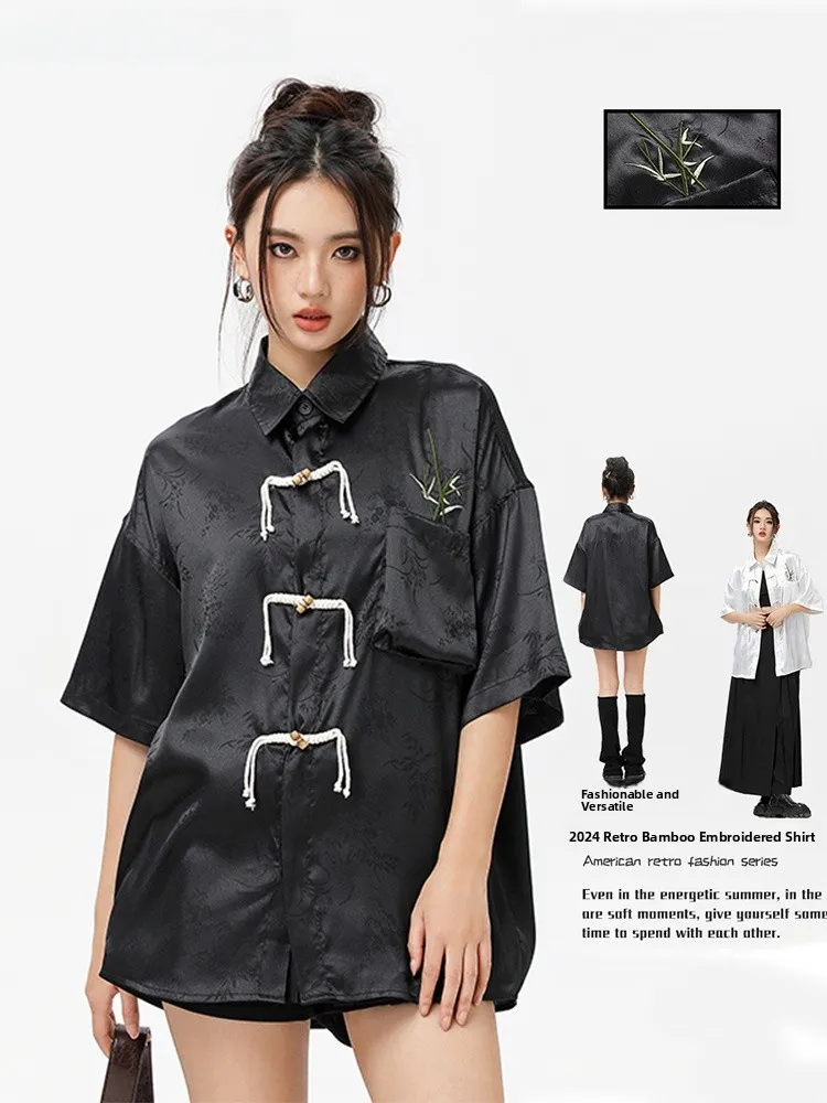 

Мужская рубашка из ледяного шелка с вышитыми пуговицами-нашивками в китайском стиле, летняя новинка, модный костюм Ханьфу/Тан, свободный крой