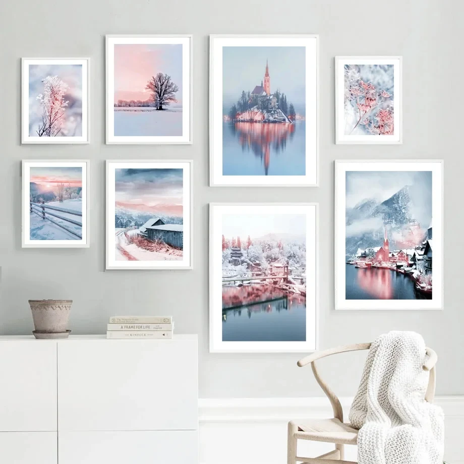 Wall Art Oil PaintingWinter Snow Trees Row Villas SnowfieldMurals Nordic Posters and Prints Living Room Home Decoration Pictures