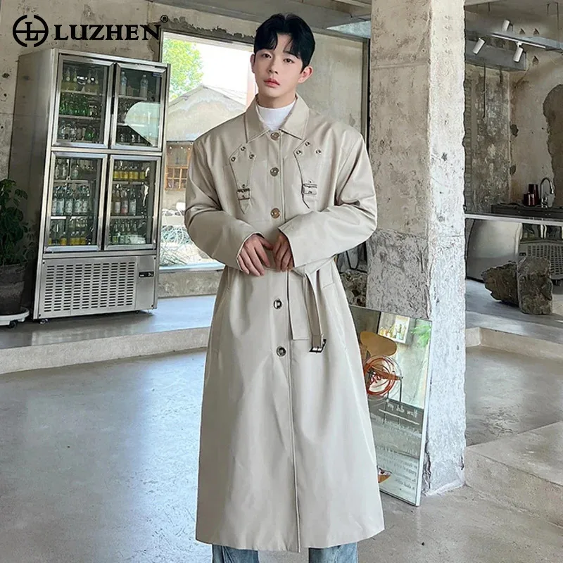 LUZHEN 2024 Autumn Korean Trendy Trench Coat Gentleman Men's Single Breasted Knee-length Casual Elegant Long Windbreaker LZ7619