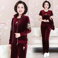 Middle Aged Elderly Golden Velvet Sports Suit Women's Three Piece Mother's Suit 40-65 Years Old Long Sleeved Golden Velvet Suit