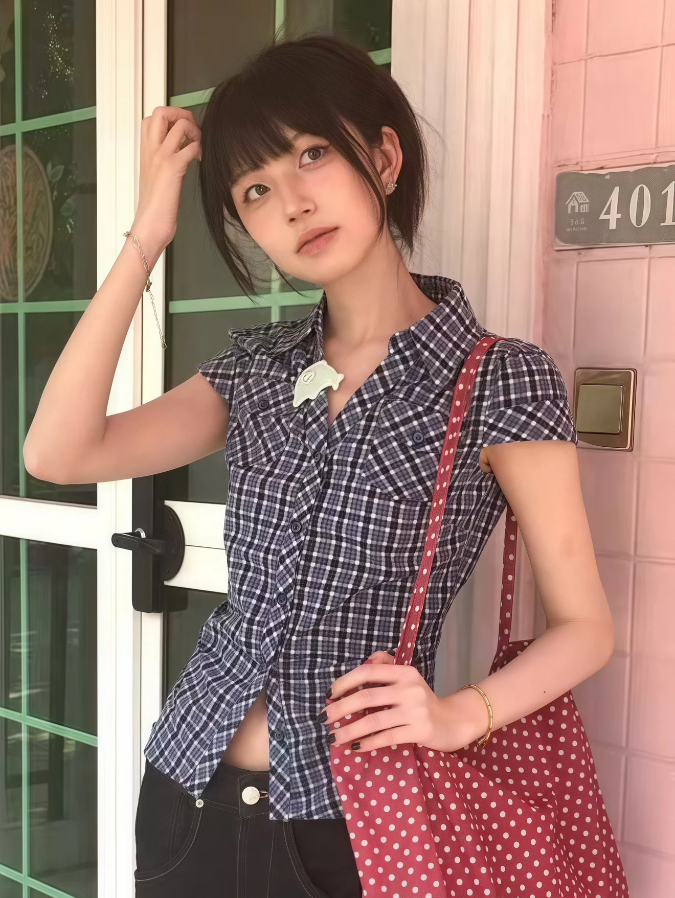 アメリカンレトロチェック柄ort Sve irt レディース Sle 夏新作ウエストシェイプスリムフィットort丈万能トップス