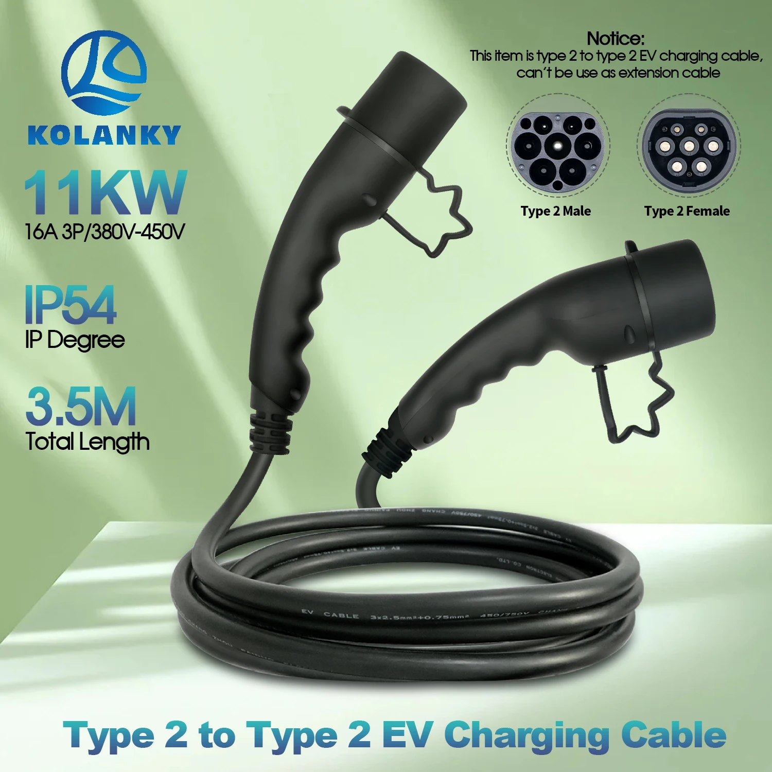 EV Charging Cable 16A 3.6KW/11KW Electric Vehicle Core 3.5M/4M Type 2 IEC 62196 AC Public Charging Station Male To Female Plug
