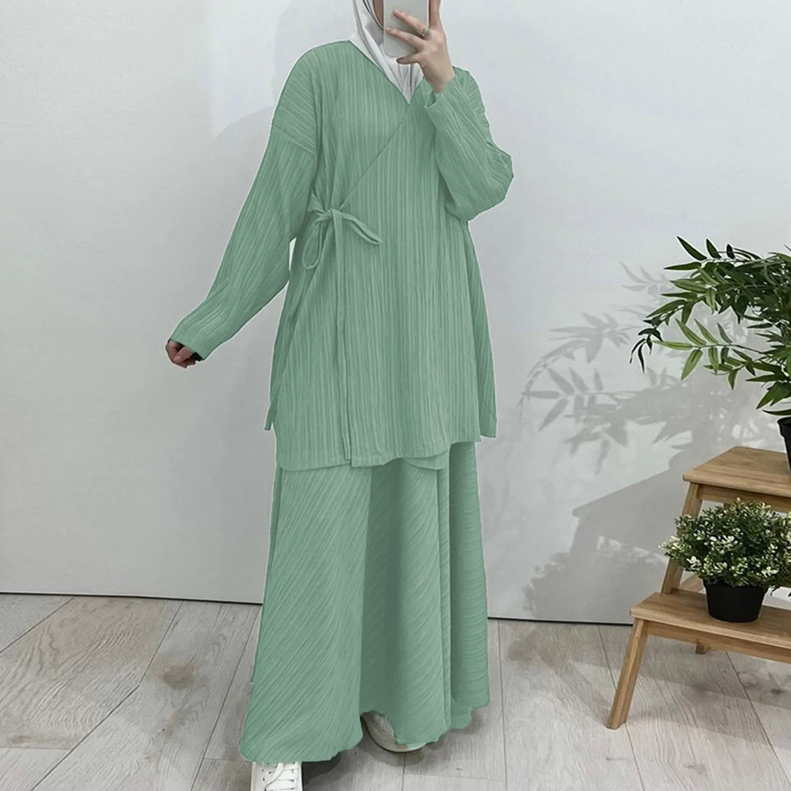 Plus Size Dresses For Curvy Women Muslim Solid Color Ribbed Long Sleeve V Neck Tie Waist Sundresses For Women Casual Dresses