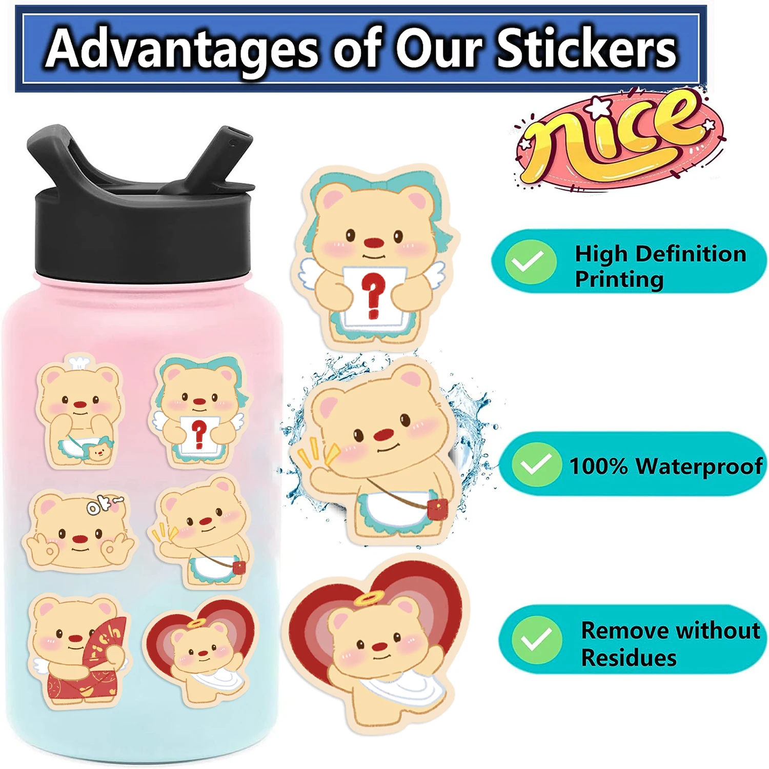 60PCS Cartoon Cute Butter Bear Stickers For Water Bottle Skateboard Mobile Phone Laptop Computer Sticker Creative Decoration﻿