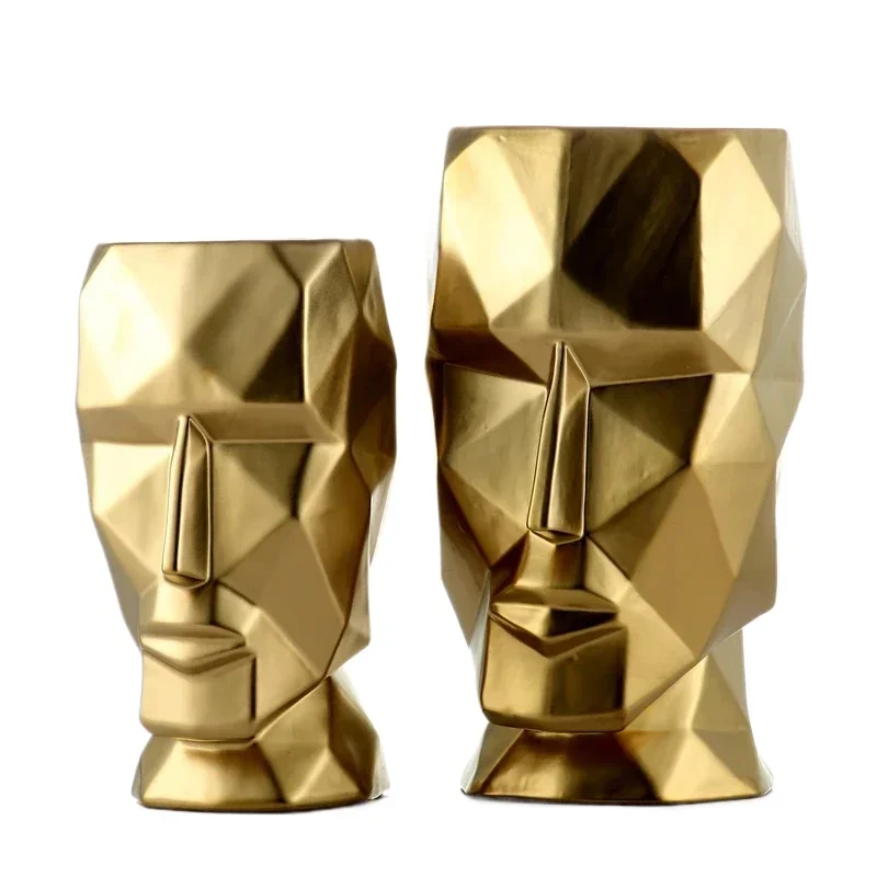 

Nordic Ceramics Vase Geometric Origami Abstract Golden Human Head Vases Flower Arrangement Crafts Figurines Home Decoration