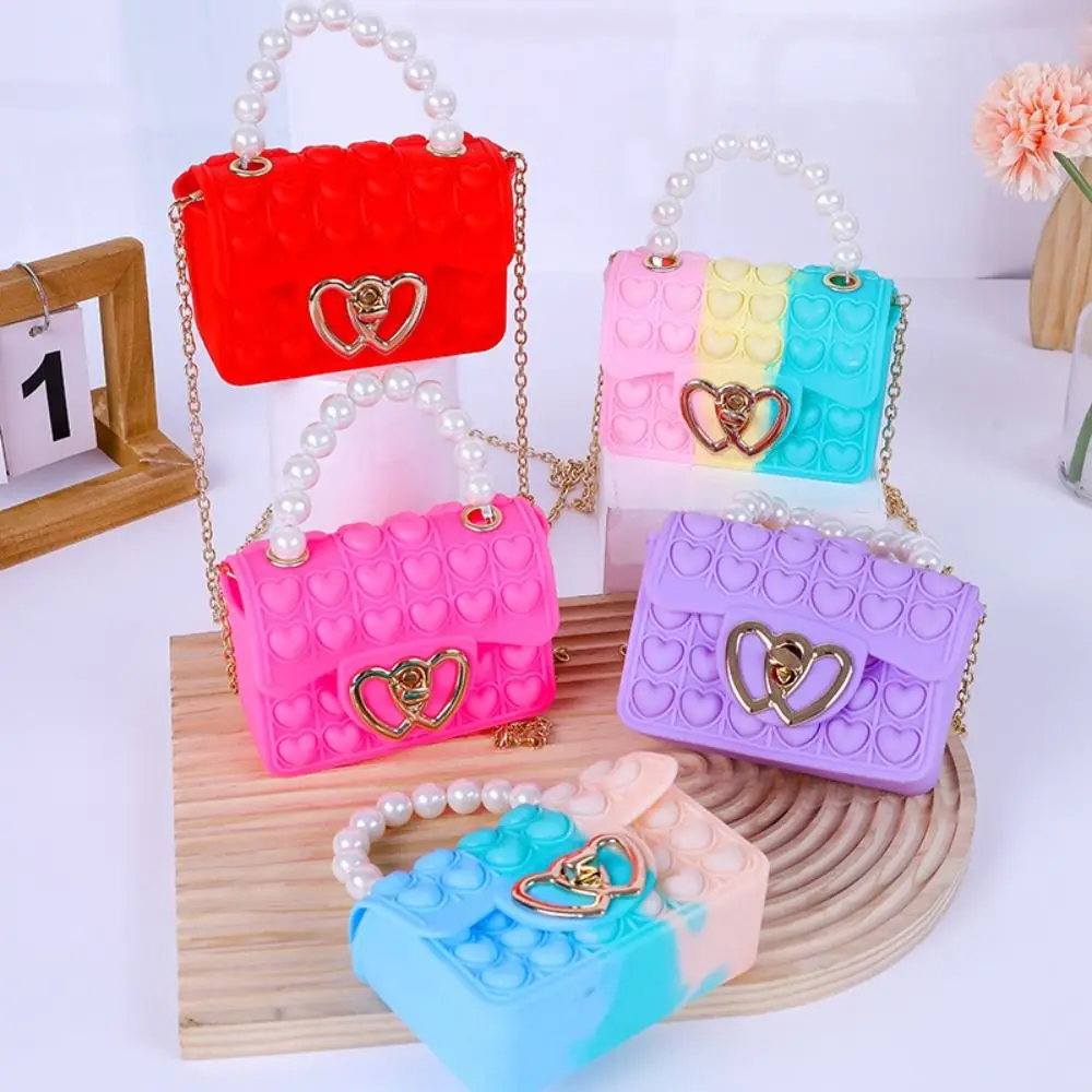 여아용 핸드백 실리콘 숄더백, 귀여운 하트 백, 메신저백, 동전 지갑, 스트레스 해소 팝 핑거팁 장난감, 신제품