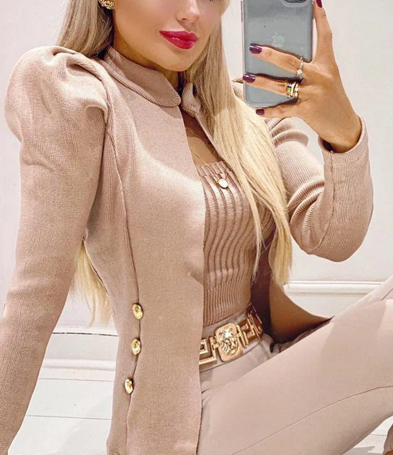 

Women's Versatile Elegant Beige Blazer Set Puff Sleeve Top and High-Waisted Leggings Fashionable Outfit