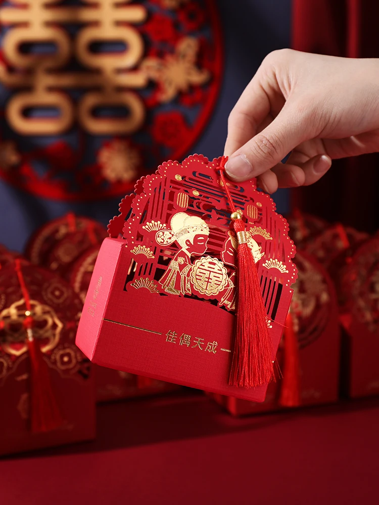 Traditional Tassels Red Chinese Style Candy Boxes Wedding Gifts For Guests 100pcs Chinese Wedding Double Happiness Favor Boxes