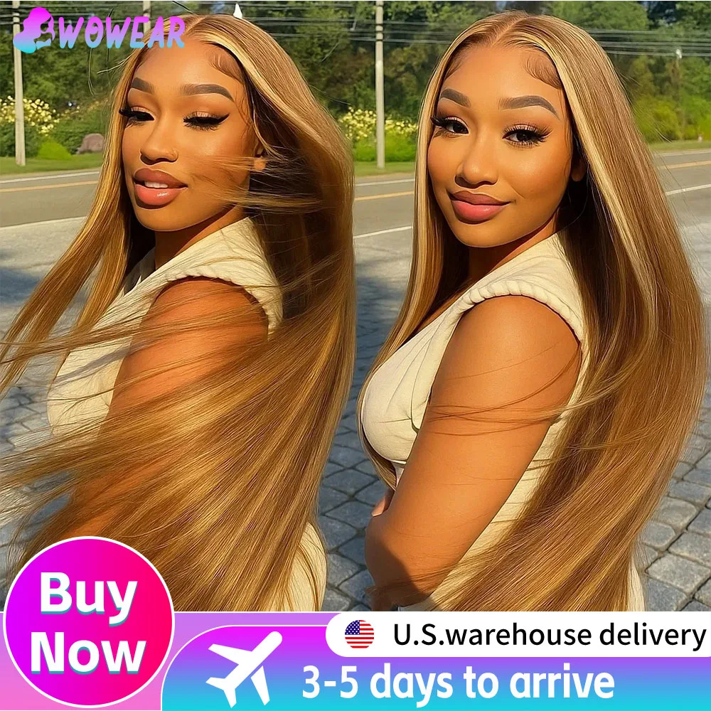 

30 32 дюйма 13x4 13x6 HD Highlight Ombre Прямые кружевные фронтальные парики из натуральных волос Медовый блондин Цветные предварительно выщипанные фронтальные парики