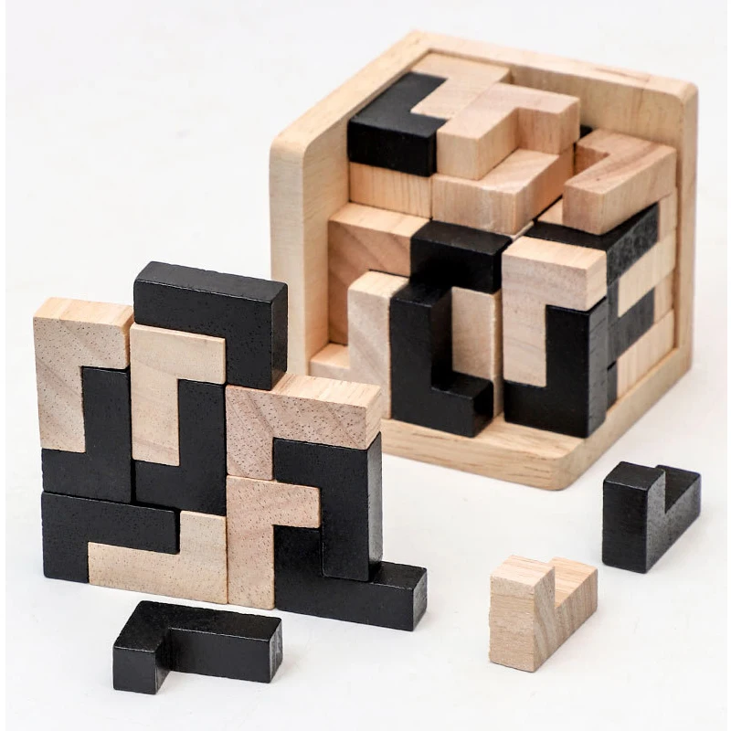 L-Shape Jigsaw Logic Puzzle Cube Wooden Brain Teaser for Adults Kids IQ Challenge Intellectual Gifts Eductional Toys