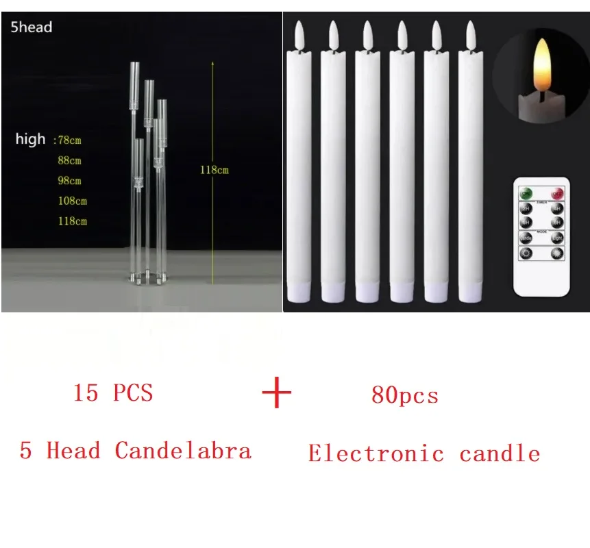 

15 PCS 5 Head Candelabra 80pcs Electronic candle Wedding Decoration Centerpiece Candelabra Clear Candle Holder Acrylic Candlest