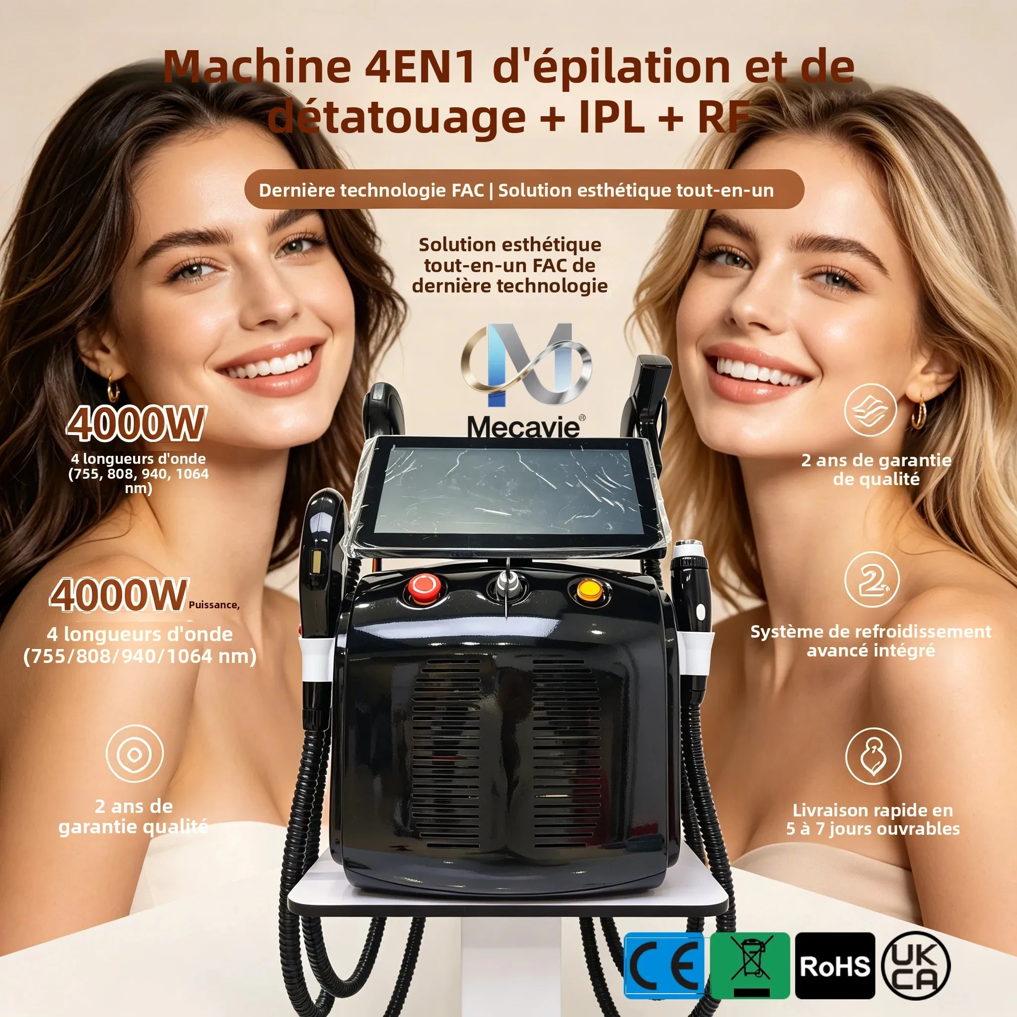Laser à diode MECAVIE 4 en 1 Ice Platinum Diode, machine laser à 4 longueurs d'onde ND:YAG, appareil d'épilation indolore IPL RF