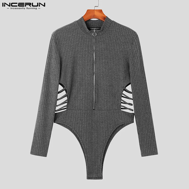 Sexy Fashion Men\'s Bodysuits INCERUN Zipper Side Waist Hollow Half High Neck Rompers Knitted Texture Long Sleeve Bodysuits S-3XL