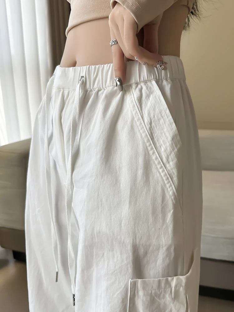 QOERLIN White Washed Pure Cotton Sweatpants Women Elastic Waist Wide Leg Casual Baggy Pants with Pocket Trousers Cargo Pants