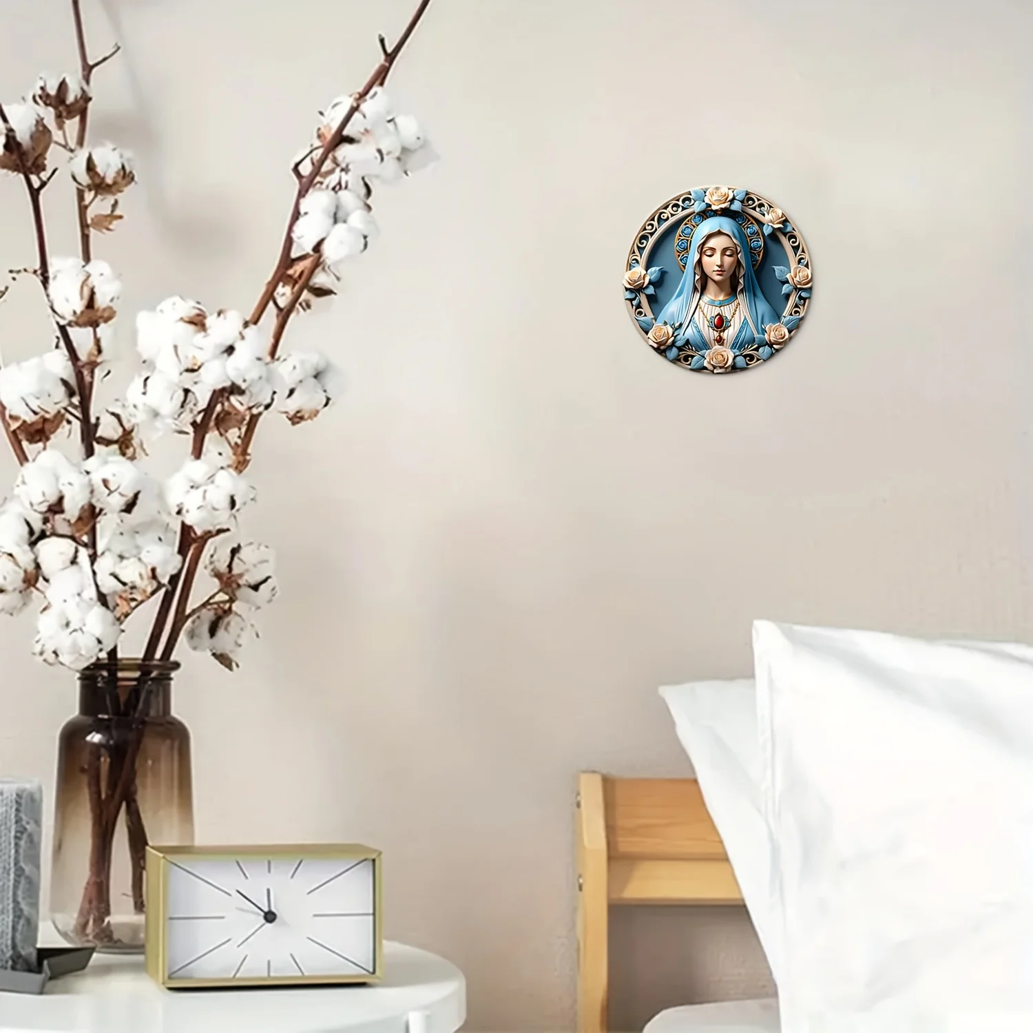 Unique 8 x 8 Inch \'Virgin Mary\' Rose Circular Wall Decoration Art, Seasonal Festival Gift, Aluminium Material