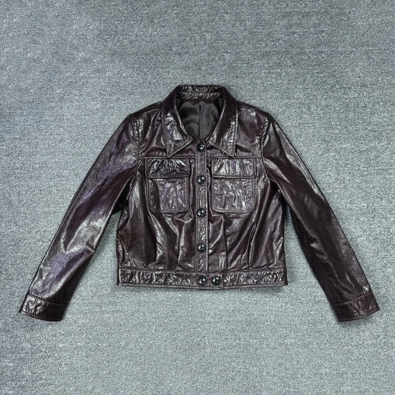 جاكيت دراجة نارية أوروبي أنيق 2025 وصول جديد لفصل الشتاء معطف نسائي من الجلد الطبيعي متعدد الاستخدامات بياقة واقفة