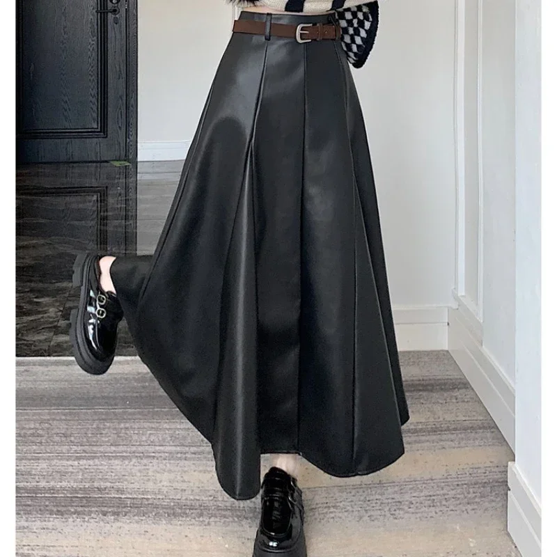 

New 2024 PU Leather Skirts Women Autumn Solid High Waist A-line Splicing Office Lady Fashion Skirts Female