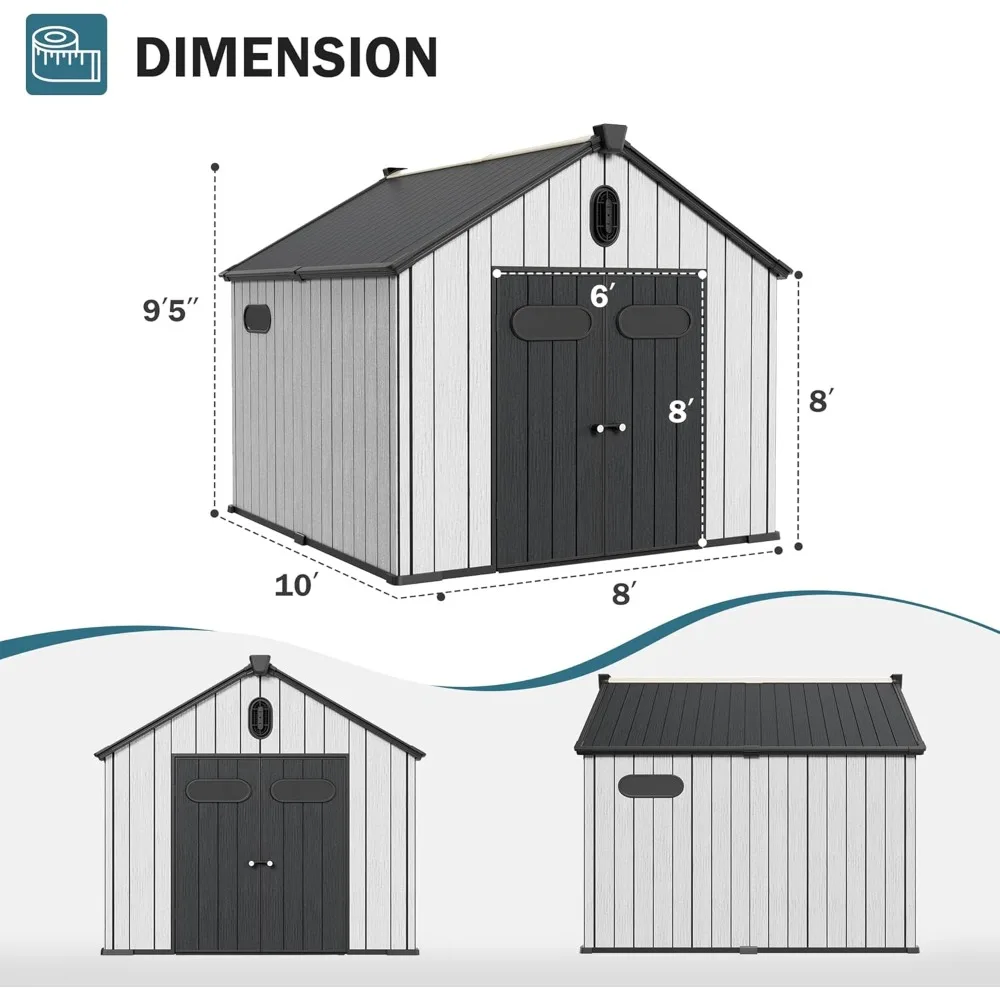 10' X 8' Outdoor Storage Shed, Easy Assembly, Durable Resin Material Resists Rust Rot and Decay, Garden Resin Tool Storage Shed