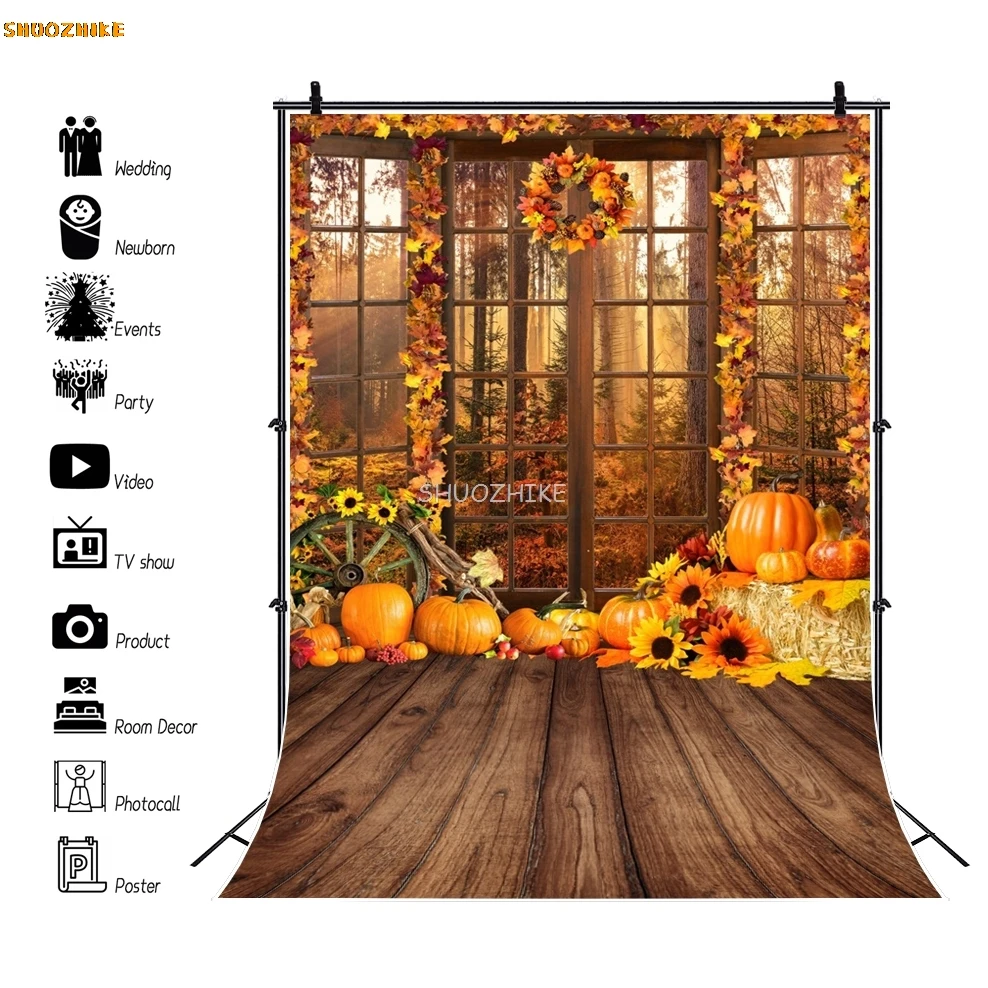 

Fall Thanksgiving Backdrop Barn Pumpkin Wooden Floor Autumn Maple Leaves Sunflower Family Portrait Photography Background Props