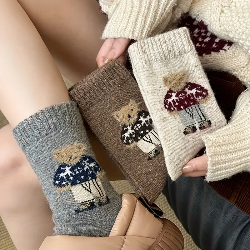 3/5 pairs of fall/winter style retro plush sweater bear comfort mid-calf socks, versatile, fashionable,comfortablemid-calf socks