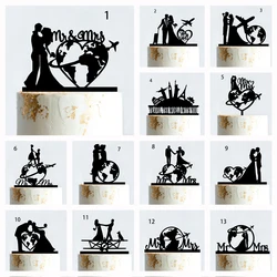 Mr & Mrs Travel Wedding Cake Topper World Map Bride Groom Acrylic Wood Voyage Wedding Theme Couples Anniversary Party Decoration