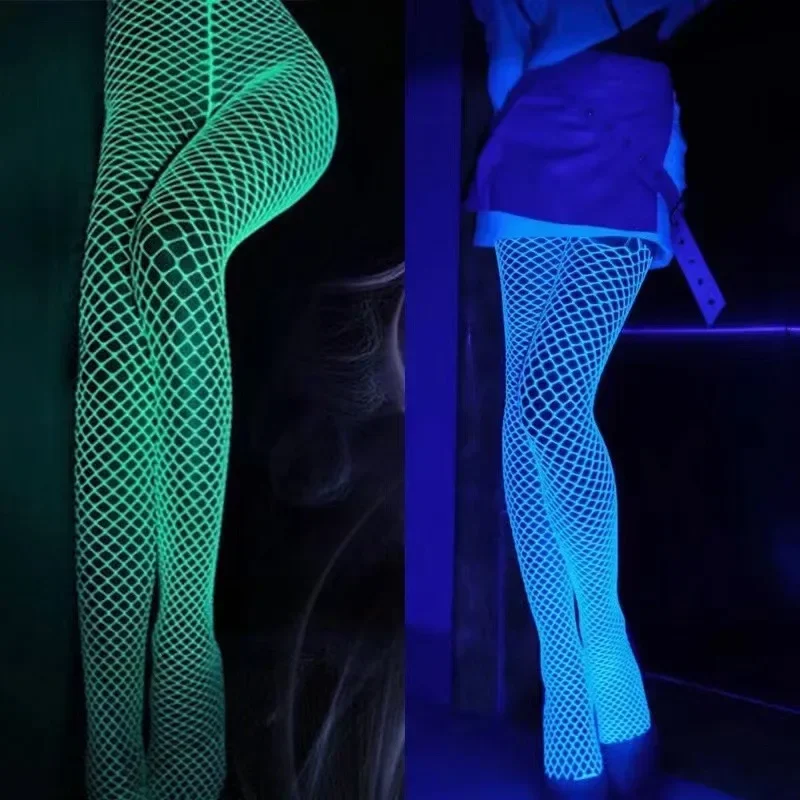 Night Fluorescent Women\'s Long Socks Fishnet Body Stockings Curve Lingerie Mesh Fabric High Waist Sex Tights Sexy Bodysuits