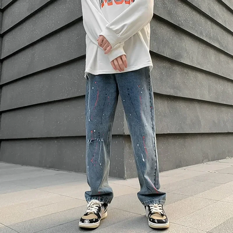 2024 New Fashion Ink Splash Hole Ripped Straight Men Baggy Jeans Trousers Chic Vintage Hip Hop Denim Pants For Teens Ropa Hombre