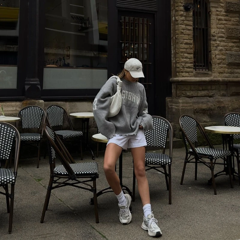 Moda solta carta jacquard malha pulôver feminino 2025 outono inverno highstreet cinza preto macio camisola hottie versátil topo