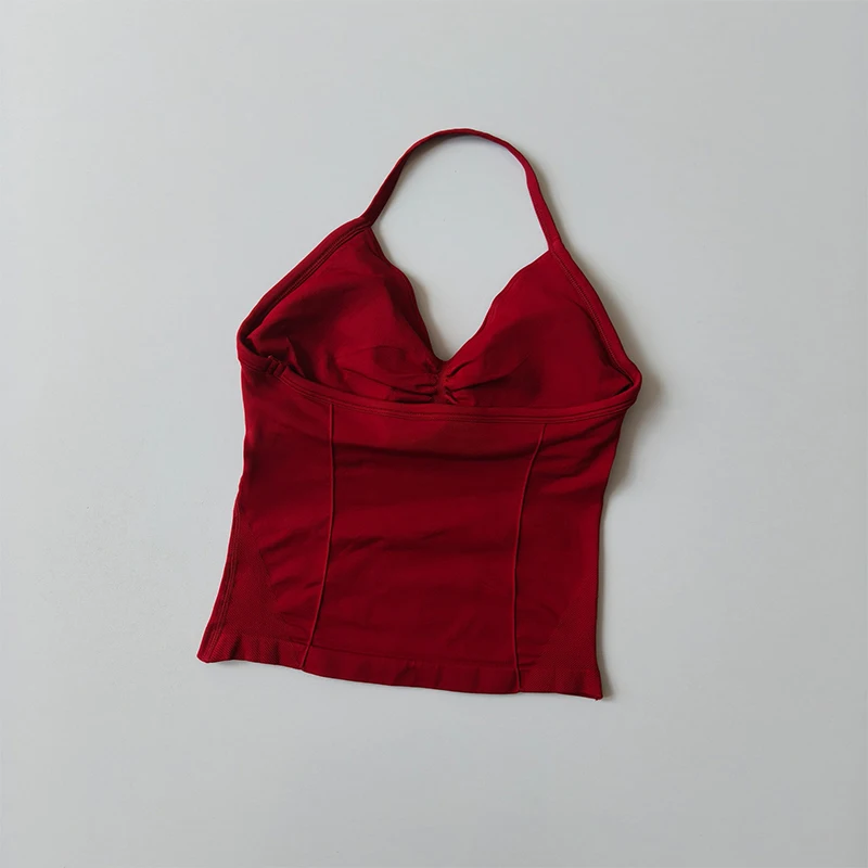 Lange, trägerlose, nahtlose Yoga-Tanktops mit gerafftem Rücken, ärmellose Fitness-Shirts mit integriertem BH, Sportbekleidung. – Detail 4