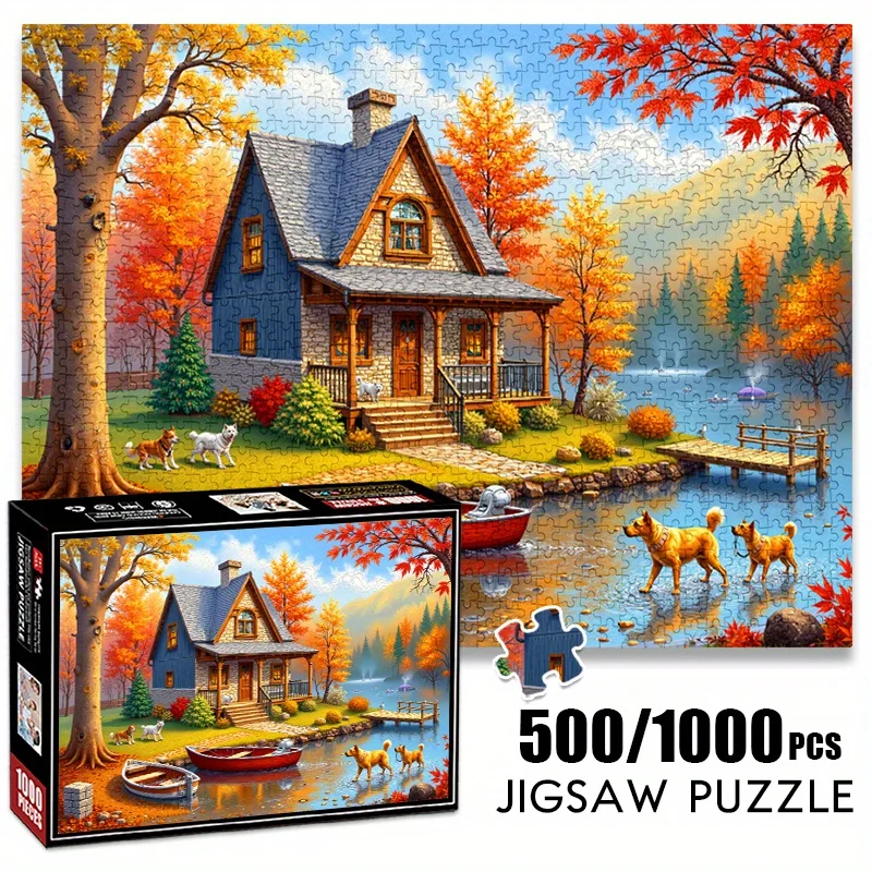 [Fall Lake Jigsaw] 500/1000pcs Jigsaw Puzzle - Autumn Lakeside Cabin Scene with Dogs & Lake, Anti-Scratch Premium Cardboard, A
