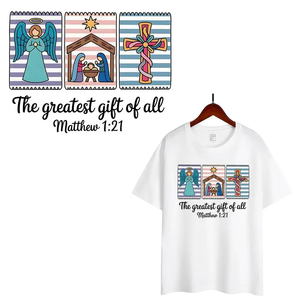 Cartoon Christian Nativity Sceney Cross Heat Transfer Stickers For Clothes DIY A-Level Washable Shirt Iron-on Thermal Stickers