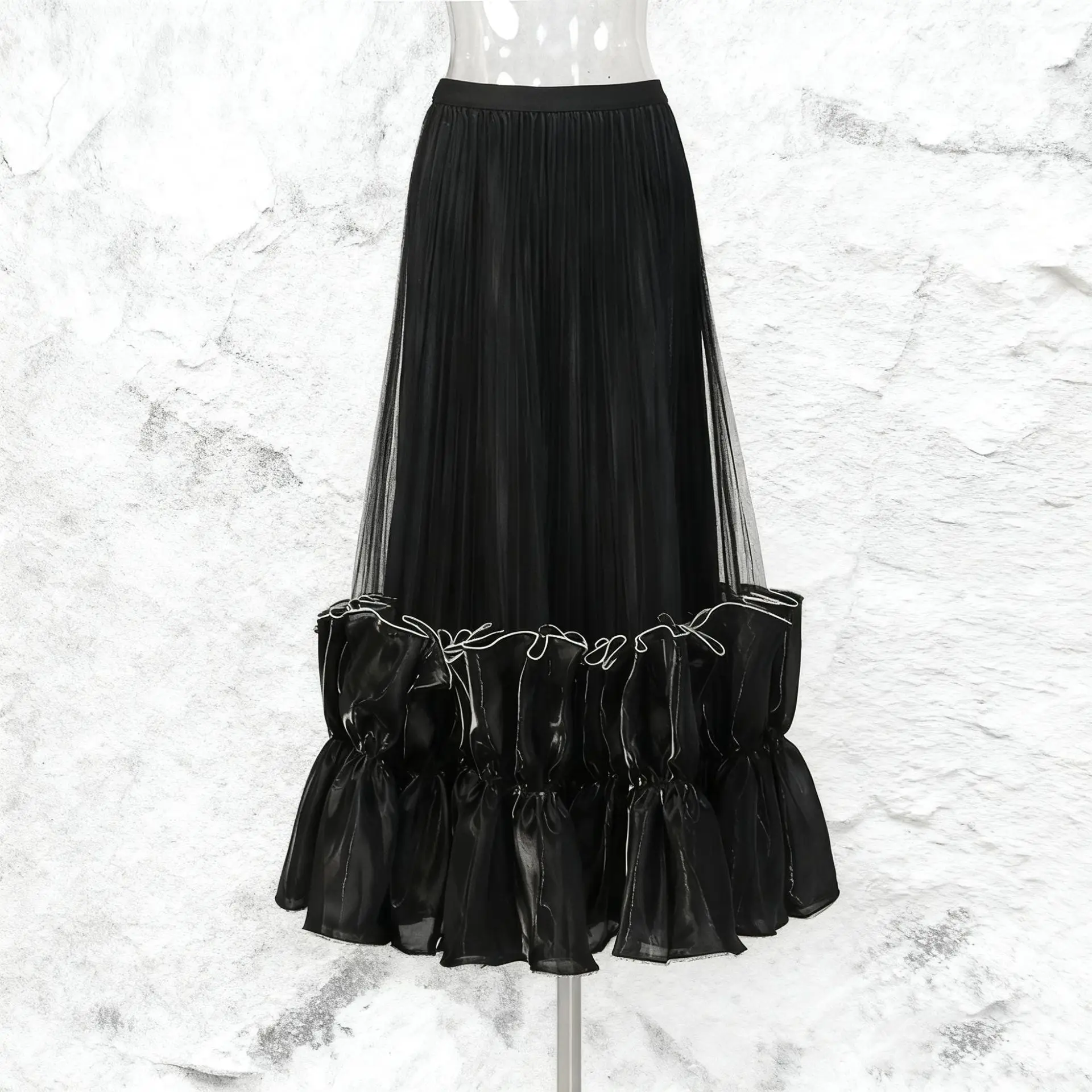 ZAMOR HIGH STREET Women Heavy Craft Mesh Maxi Skirt Elegant Ruffle Ruching Design Big Swing Banquet Skirt 2026 New