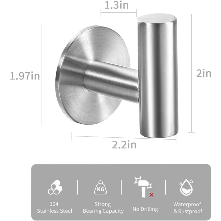 Selbstklebende Handtuchhaken aus gebürstetem Nickel SUS304-Edelstahl, robuste, wasserdichte, selbstklebende Garderobenhaken für Badezimmer und Küche