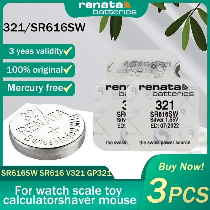 3PCS Renata 321 SR616SW SR616 V321 GP321 1.55V Silver Oxide Watch Battery For Scale Watch Calculator Swiss Made Button Coin Cell