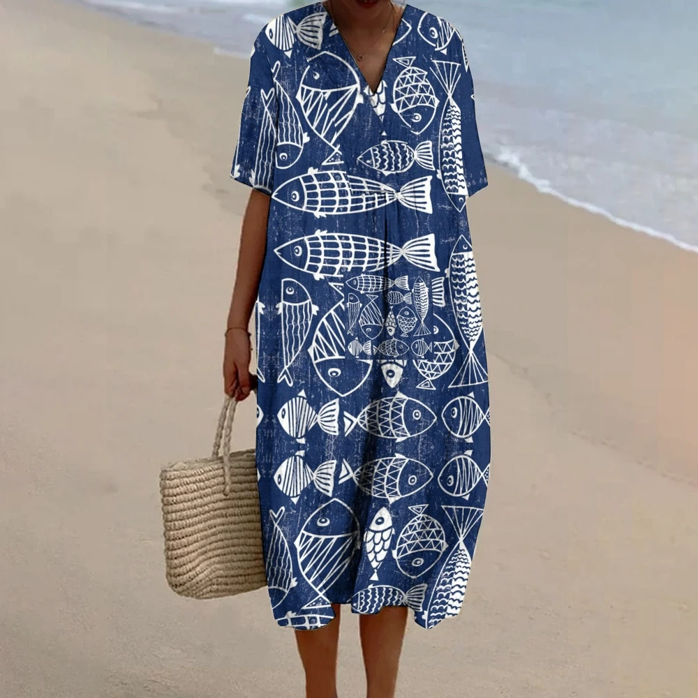 Robe de vacances à imprimé de poisson sardines pour femmes, tenue chic, robe fluide, marque de créateur, mode de luxe, plage, modaling