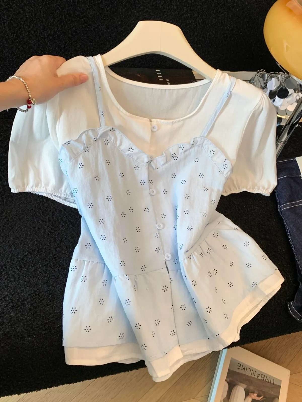 Pastel Blue Floral Print Shirt Women's Summer round Neck Cute Doll Top Korean Style Commute Fashion Slim Fit Short Sleeve Blouse