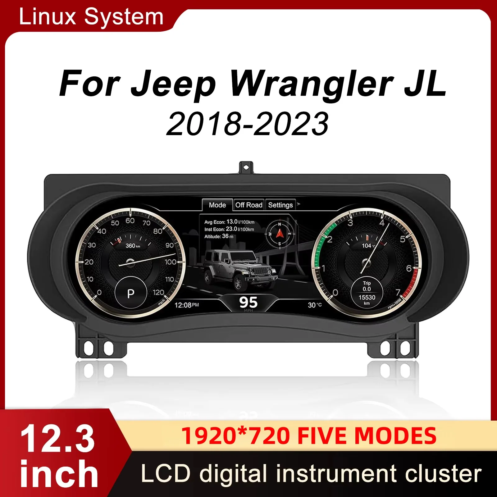 

Digital Gauge Cluster for Jeep Wrangler JL 2018-2023 for Jeep Gladiator 2018-2023 Speedometer Dashboard 12.3’’ HD LCD Display