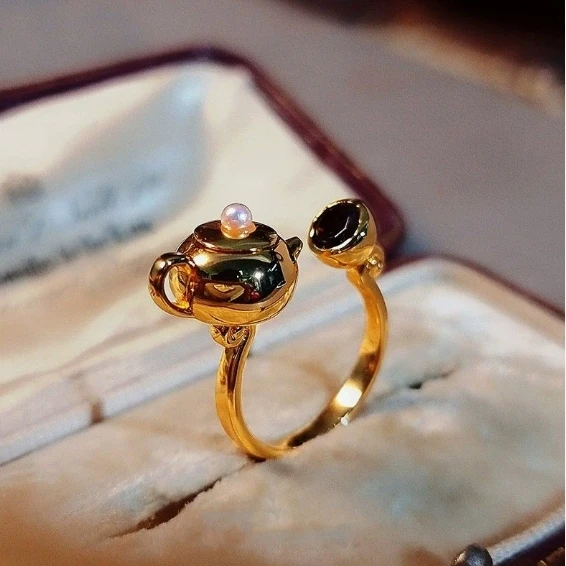 

Court Sle Tea Pot Ring Pearl Finger Ring Unique Personali Decorative Jewelry Faionable Accory for Men And Women