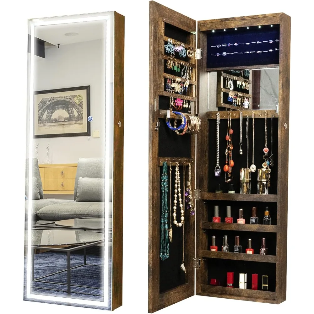 LED Mirror Jewelry Cabinet Hanging, Lockable Jewelry Armoire with LED Full-Length Mirror Lights,Wall/Door Mounted Jewelry Organi