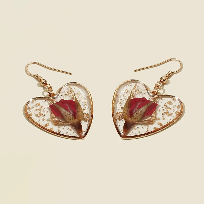 Trendy Heart Earrings for Women Blue Dried Flower Transparent Resin Drop Earring Girls Aesthetic Jewelry Female Anniversary Gift