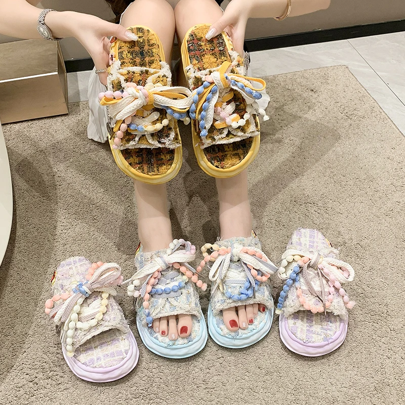 Summer Ladies Slippers Lace-up Canvas Women Shoes Graffiti Hip-Hop Sandals Sweat-absorbing Flat Shoes Purple Women Slippers