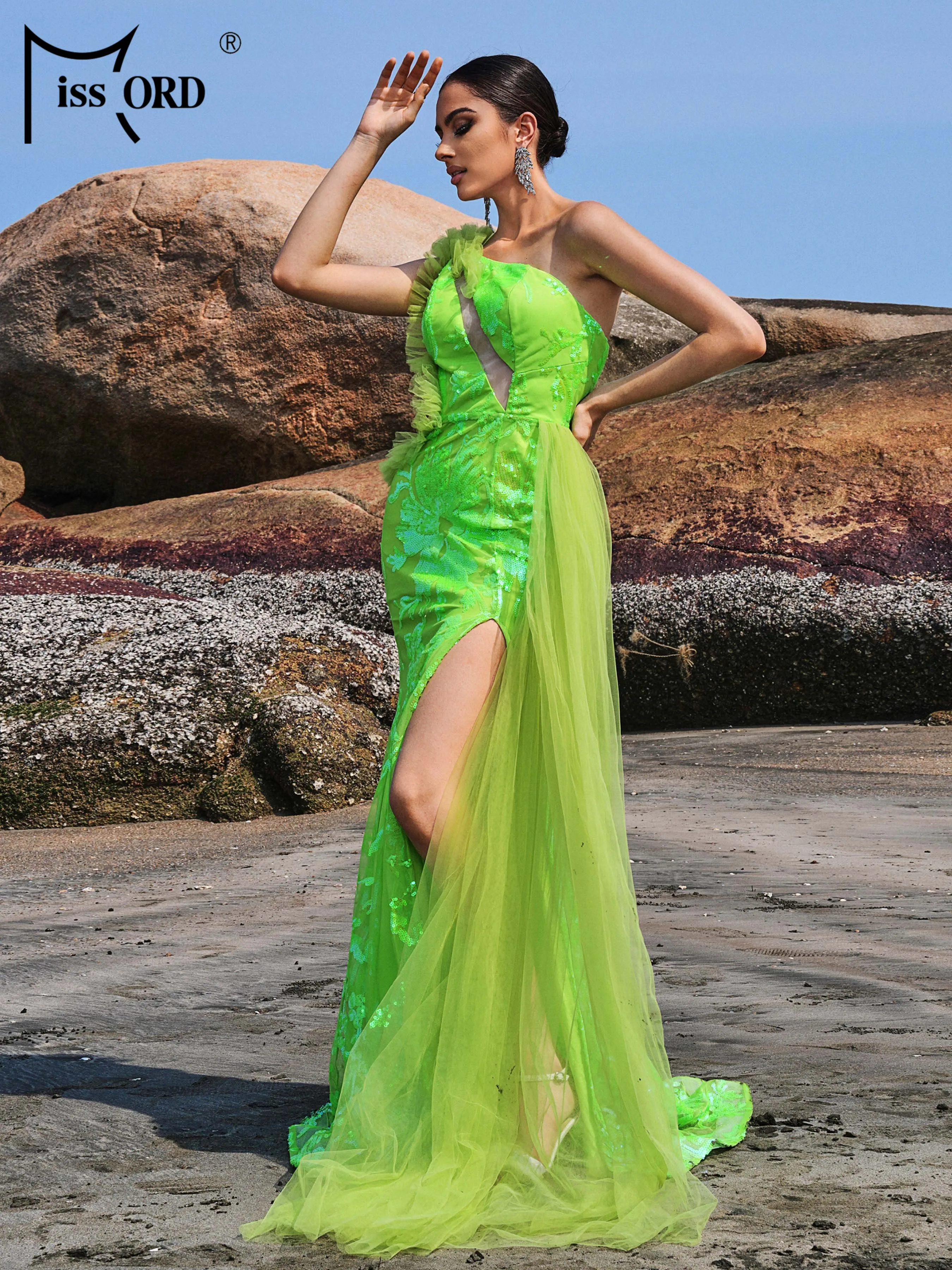 

Missord One Shoulder Tulle Draped Green Split Evening Wedding Birthday Party Prom Formal Occasion Dresses