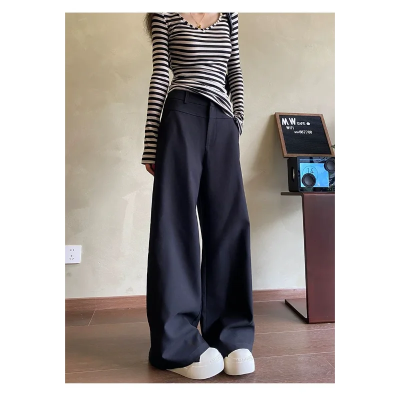 Damskie czarne spodnie garniturowe z szerokimi nogawkami, wysoki stan, drapowane, wąska wersja, spodnie na wiosnę i jesień, codzienne, proste, luźne.