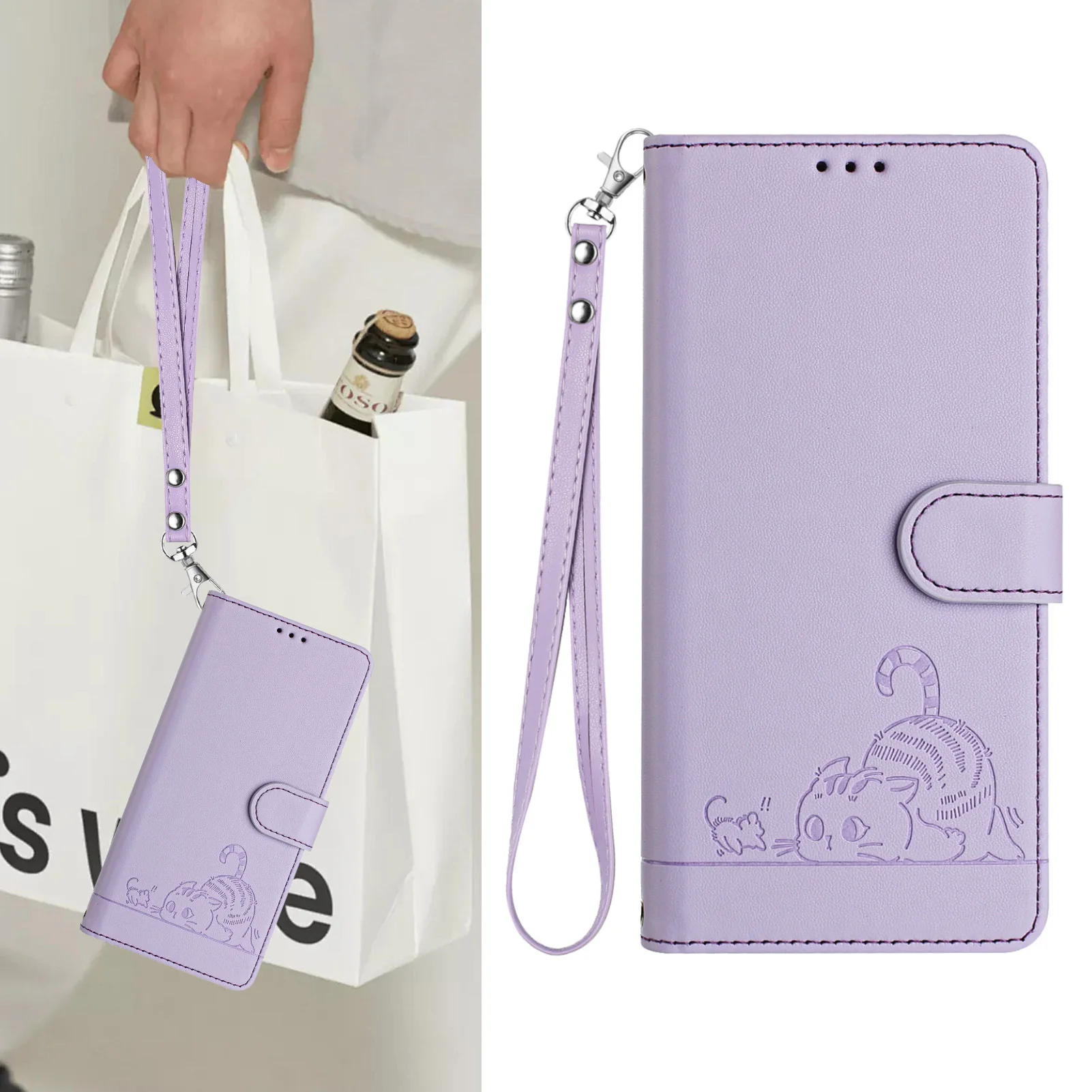 حافظة كروس على شكل قطة مضحكة لهاتف OPPO Reno 14 Pro 14F 13 12 11 10 9 8 7 6 5 4 حبل جلدي 3 بطاقات محفظة معصم غطاء قلاب للكتاب