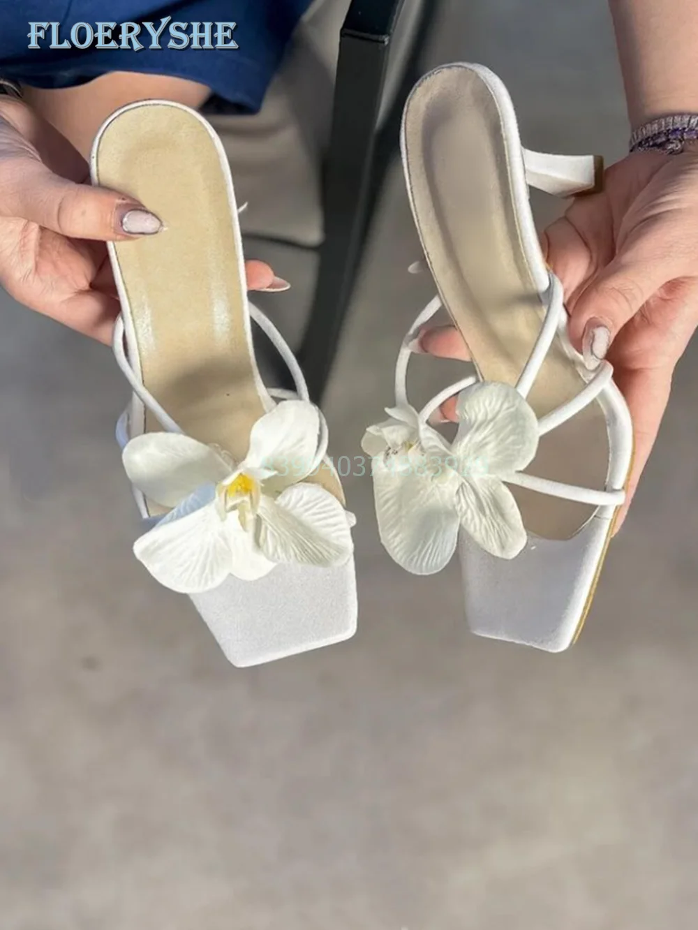 Flower Elegant Slippers Straps Women Shoes Square Open Toe Thin Heel Summer Green Pink White Shoes 2024 Fashion New Arrival